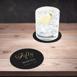 黒い金ゴールド名スクリプト50th birthday ラウンドペーパーコースター