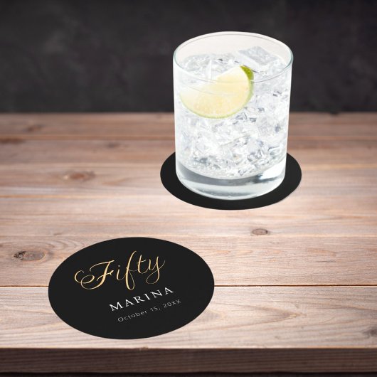 黒い金ゴールド名スクリプト50th birthday ラウンドペーパーコースター