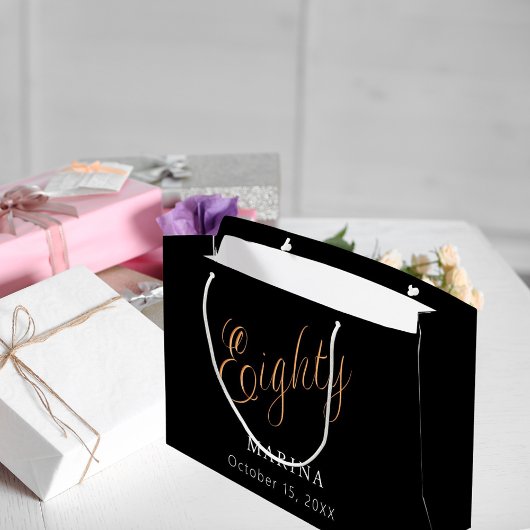 黒い金ゴールド名スクリプト80th birthday ラージペーパーバッグ