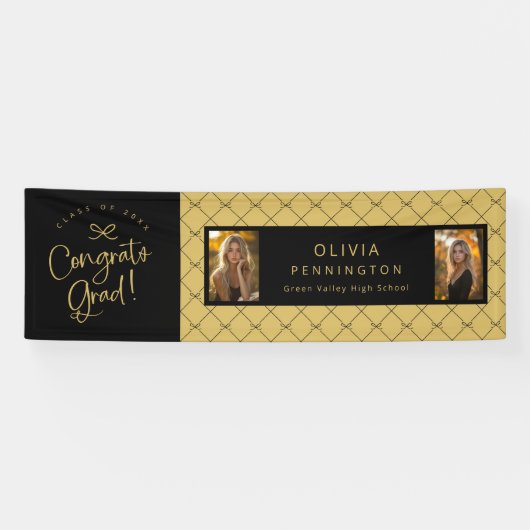 黒い金ゴールド弓2フォトおめでとうグラッドパーティーバナー 横断幕 (横)