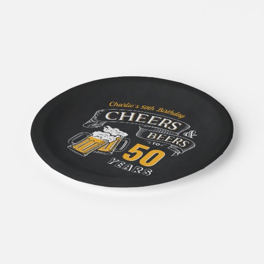 黒い金ゴールド応援とビール任意の年齢誕生日 ペーパープレート (アングル)