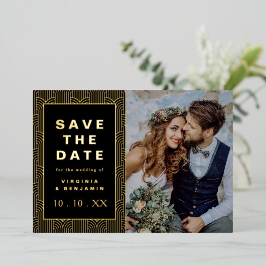 黒い金ゴールド日付フォイルのフォトカードを保存 箔招待状 (立ち正面)