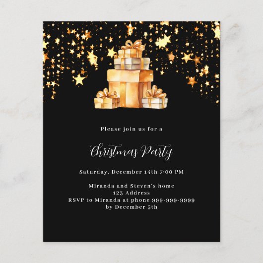 黒い金ゴールド星ギフトクリスマスパーティの招待状 (正面)