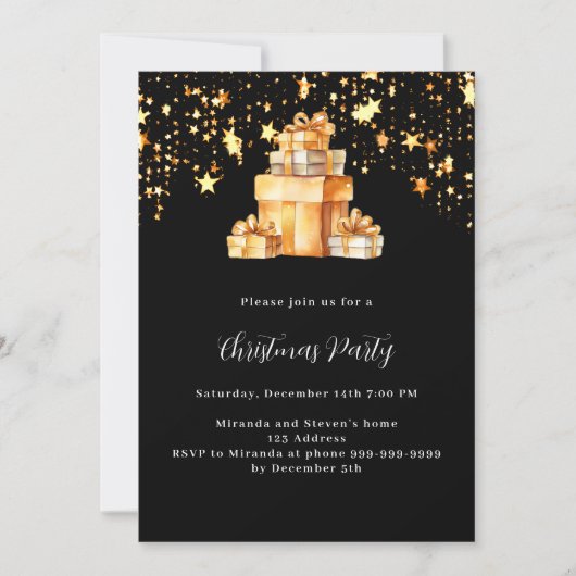 黒い金ゴールド星贈り物クリスマスパーティー 招待状 (正面)