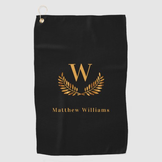 黒い金ゴールド月桂樹の名前monogram ゴルフタオル (正面)
