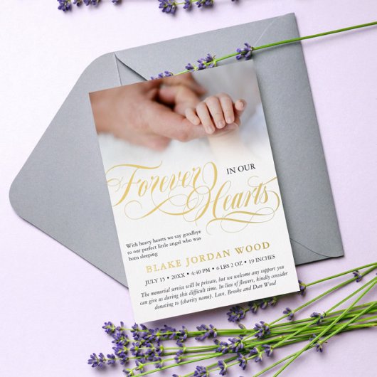 黒い金ゴールド永遠に私たちのハートベビーメモリアル 箔招待状