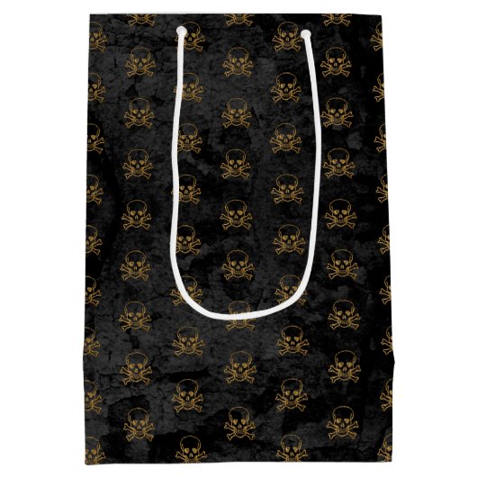 黒い金ゴールド海賊スカルとボーンパターン ミディアムペーパーバッグ (裏面)