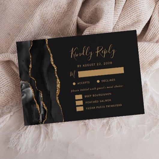 黒い金ゴールド瑪瑙の食事オプションダークウェディングRSVP 出欠カード