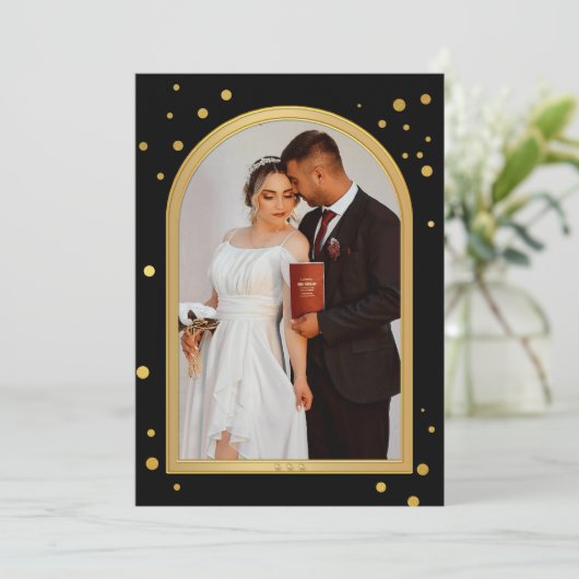 黒い金ゴールド紙吹雪の結婚きらめきの写真 サンキューカード (スタンド正面)
