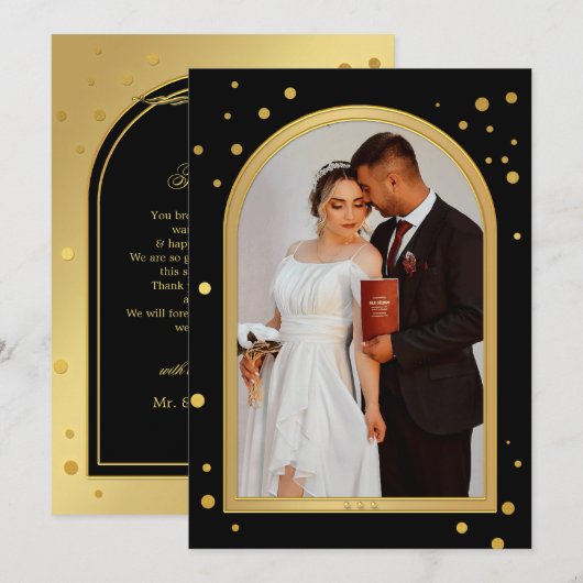 黒い金ゴールド紙吹雪の結婚きらめきの写真 サンキューカード (正面/裏面)