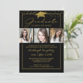 黒い金ゴールド紙吹雪スクリプト3枚の写真の卒業 招待状 (スタンド正面)