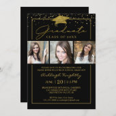 黒い金ゴールド紙吹雪スクリプト3枚の写真の卒業 招待状 (正面/裏面)