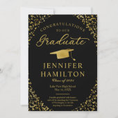 黒い金ゴールド紙吹雪写真の卒業発表 招待状 (正面)