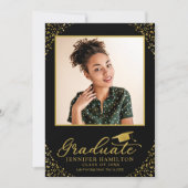 黒い金ゴールド紙吹雪写真の卒業発表 招待状 (正面)