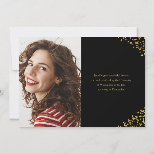 黒い金ゴールド紙吹雪写真の卒業発表 招待状 (裏面)