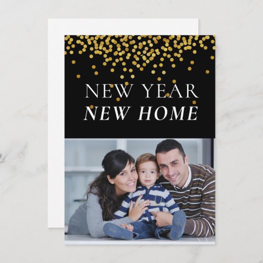黒い金ゴールド紙吹雪家族の写真新年の新居 シーズンカード (正面/裏面)