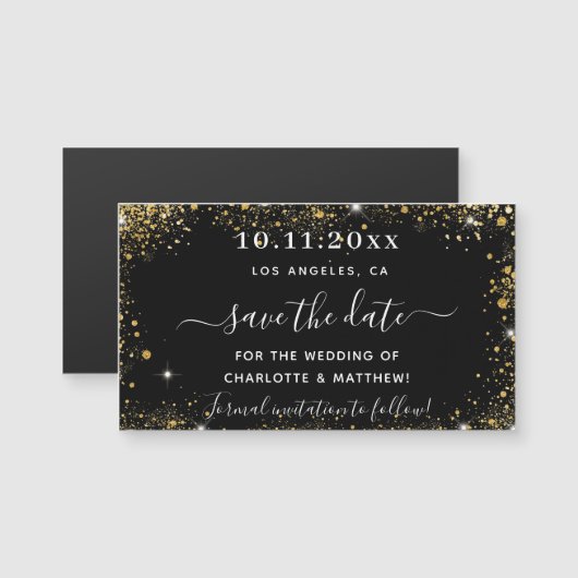 黒い金ゴールド結婚式は日付磁石を保存 (正面/裏面)