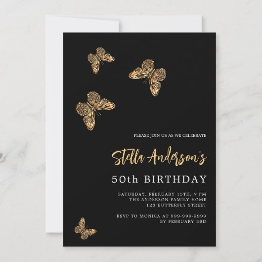 黒い金ゴールド蝶の誕生日 招待状 (正面)