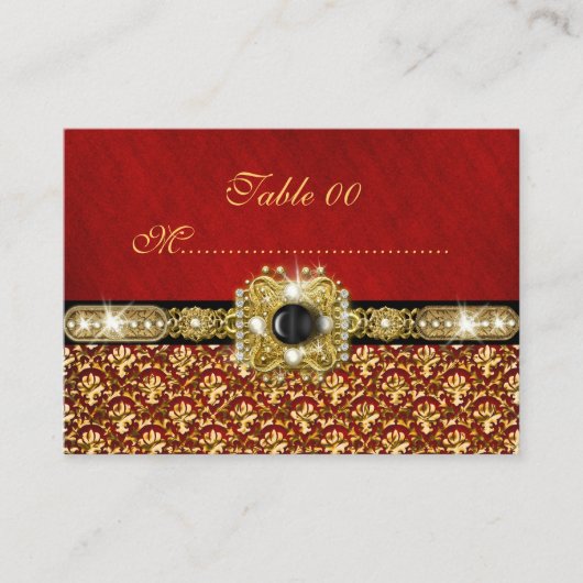 黒い金ゴールド赤いダマスク"テーブル結婚番号" プレイスカード (正面)