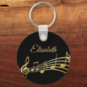 黒い金ゴールド音楽ノートのモノグラム名 キーホルダー (正面)