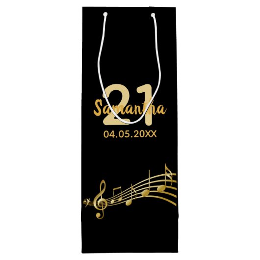 黒い金ゴールド音符の名前の誕生日 ワインギフトバッグ (裏面)
