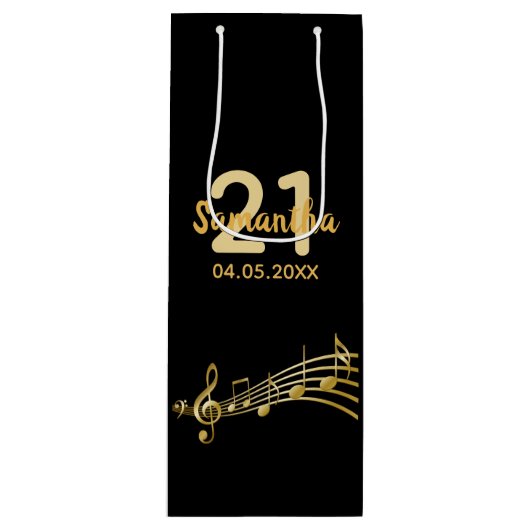 黒い金ゴールド音符の名前の誕生日 ワインギフトバッグ (正面)