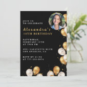 黒い金ゴールド10th誕生日の招待バルーンフォト 招待状 (スタンド正面)