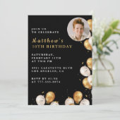 黒い金ゴールド10th誕生日の招待バルーンフォト 招待状 (スタンド正面)