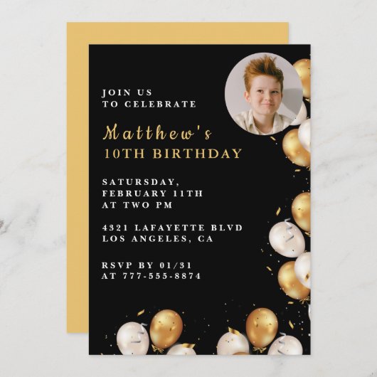 黒い金ゴールド10th誕生日の招待バルーンフォト 招待状 (正面/裏面)