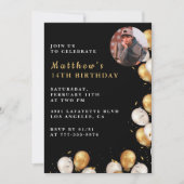 黒い金ゴールド14th誕生日の招待バルーンフォト 招待状 (正面)