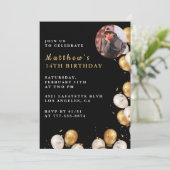 黒い金ゴールド14th誕生日の招待バルーンフォト 招待状 (スタンド正面)