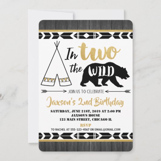 黒い金ゴールド2の野生の第2誕生日の招待の男の子 招待状 (正面)