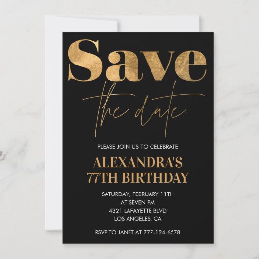 黒い金ゴールド77歳の誕生日を保存 招待状 (正面)