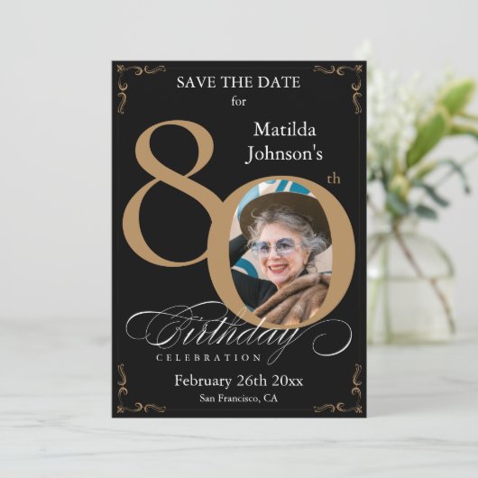黒い金ゴールド80誕生日日付の保存カスタム方法 招待状 (スタンド正面)