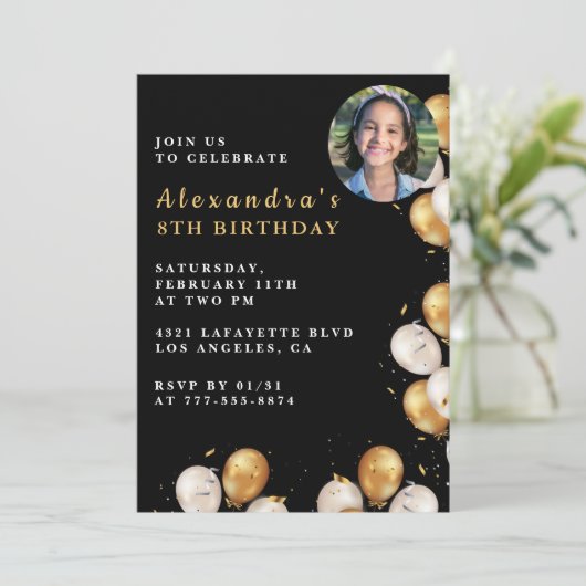 黒い金ゴールド8th誕生日の招待バルーンフォト 招待状 (スタンド正面)