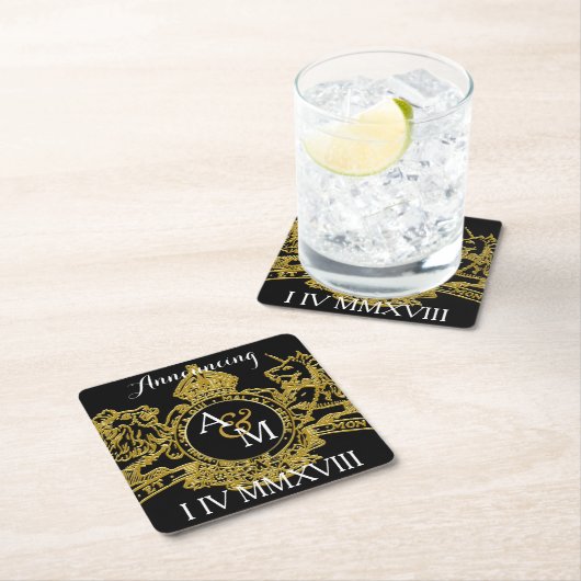 黒い金ゴールド·ライオン·ユニコーンの地域的なエンブレムが日付を救う スクエアペーパーコースター (インサイチュ)