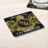 黒い金ゴールド·ライオン·ユニコーンの地域的なエンブレムが日付を救う スクエアペーパーコースター (アングル)