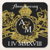 黒い金ゴールド·ライオン·ユニコーンの地域的なエンブレムが日付を救う スクエアペーパーコースター (正面)