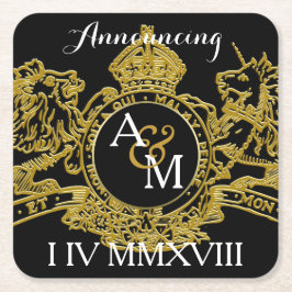 黒い金ゴールド·ライオン·ユニコーンの地域的なエンブレムが日付を救う スクエアペーパーコースター