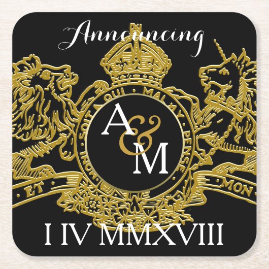 黒い金ゴールド·ライオン·ユニコーンの地域的なエンブレムが日付を救う スクエアペーパーコースター (正面)