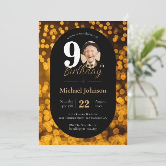 黒い金ゴールド《写真》ぼけ味写真90誕生日 招待状 (スタンド正面)