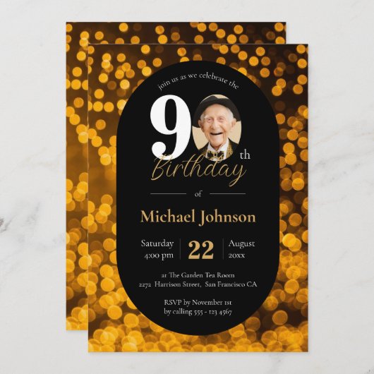 黒い金ゴールド《写真》ぼけ味写真90誕生日 招待状 (正面/裏面)