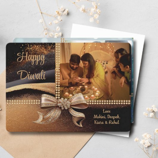 黒い金ゴールドDiwaliフォトグリーティング シーズンカード