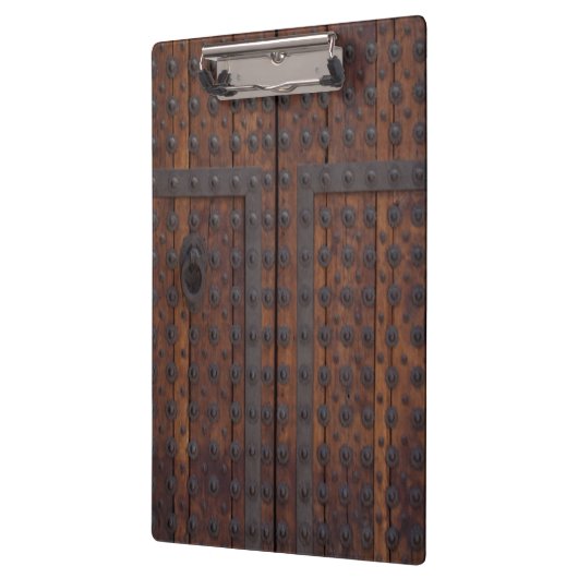 黒い金属の補強材を備えた古い木製ドア クリップボード (左)