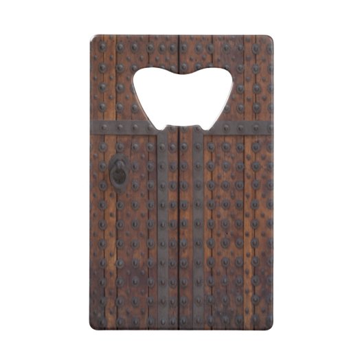 黒い金属の補強材を備えた古い木製ドア クレジットカード栓抜き (正面)