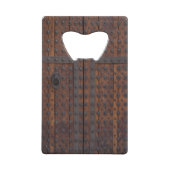 黒い金属の補強材を備えた古い木製ドア クレジットカード栓抜き (裏面)