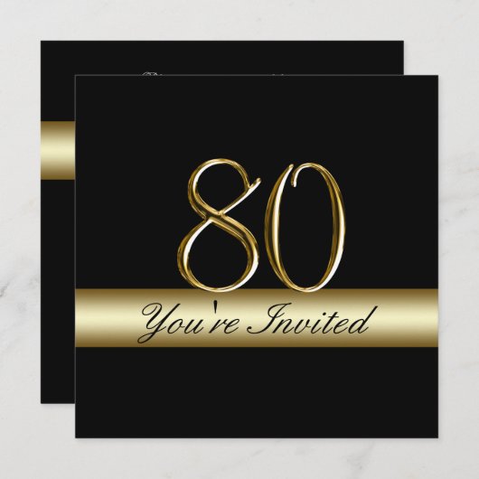 黒い金属の金ゴールドのプリントの第80誕生日の招待状 招待状 (正面/裏面)