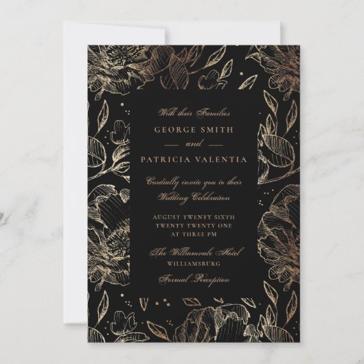 黒い金箔の花の手描きエレガントな結婚式 招待状 (正面)