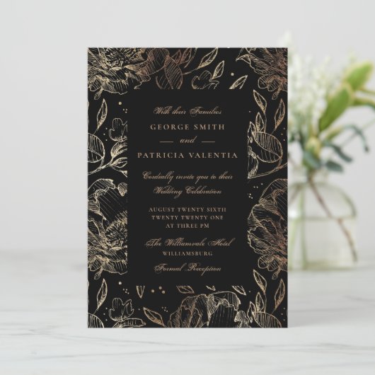 黒い金箔の花の手描きエレガントな結婚式 招待状 (スタンド正面)