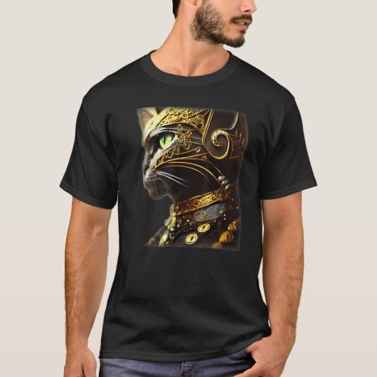 黒い金細工の鎧を着た猫の騎士 Tシャツ (正面)